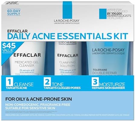 Effaclar Daily Acne Essentials Kit, sistema de tratamiento contra el acné, limpiador con ácido salicílico, tónico refinador de poros y humectante facial mate para piel grasa y mixta, oil-free, suministro para 2 meses