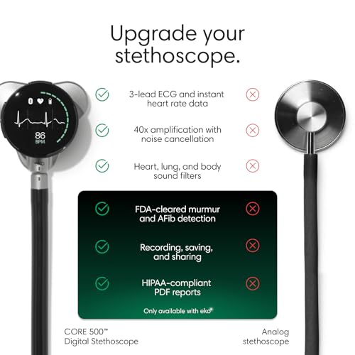 Eko CORE 500  Digital Stethoscope   40x Amplification  Active Noise Cancellation  3 Lead ECG  FDA Cleared AI with Eko   Full Color Display  Reimbursement Eligible  Silver