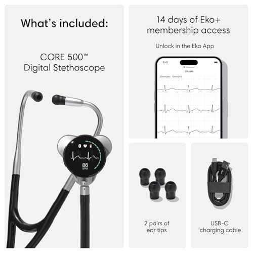Eko CORE 500  Digital Stethoscope   40x Amplification  Active Noise Cancellation  3 Lead ECG  FDA Cleared AI with Eko   Full Color Display  Reimbursement Eligible  Silver
