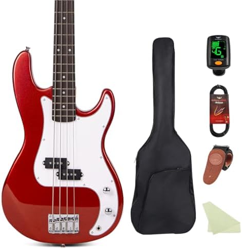 Electric Bass Guitar 4 Strings Full Size Standard Bass PB Style Beginner Kit Black for Starter with Gig Bag Guitar Strap and Guitar Cable PB Red 