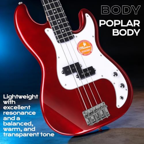 Electric Bass Guitar 4 Strings Full Size Standard Bass PB Style Beginner Kit Black for Starter with Gig Bag Guitar Strap and Guitar Cable PB Red 