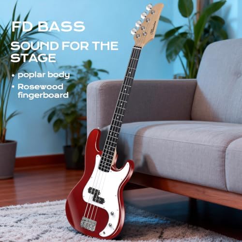 Electric Bass Guitar 4 Strings Full Size Standard Bass PB Style Beginner Kit Black for Starter with Gig Bag Guitar Strap and Guitar Cable PB Red 