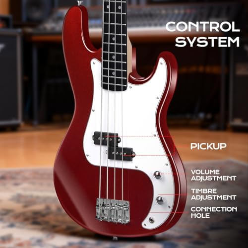 Electric Bass Guitar 4 Strings Full Size Standard Bass PB Style Beginner Kit Black for Starter with Gig Bag Guitar Strap and Guitar Cable PB Red 