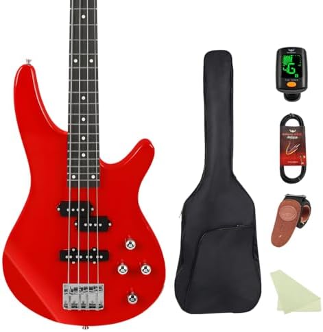 Electric Bass Guitar 4 Strings Full Size Standard Bass PB Style Beginner Kit Black for Starter with Gig Bag Guitar Strap and Guitar Cable PB Red 