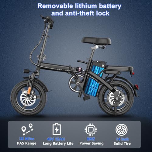 Electric Bike for Adults Peak 500W, 23MPH Max Speed Folding Electric Bicycles, 14" Mini Ebike Pedal Assist, 30° Uphill Shock Absorbers E-Bike, 48V12AH Removable Battery, Top 38 Miles PAS Range