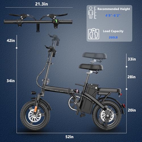 Electric Bike for Adults Peak 500W, 23MPH Max Speed Folding Electric Bicycles, 14" Mini Ebike Pedal Assist, 30° Uphill Shock Absorbers E-Bike, 48V12AH Removable Battery, Top 38 Miles PAS Range