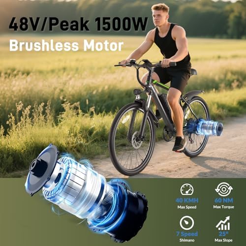 Electric Bike for Adults  Peak 1500W Ebike 26 Electric Mountain Bike 70 Miles Range  648Wh Removable Battery  40KMH Fast Commuter Electric Bicycle for Men  Lockable Front Suspension  7 Speed Gears