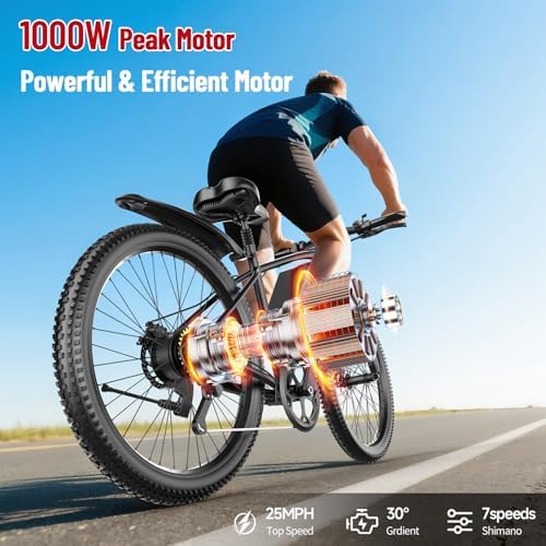 Electric Bike for Adults 1000W Electric Mountain Ebike 25MPH 40Miles Electric Dirt Bike  7 Speed  26 Tires Removable Battery  Shock Absorber  Commuter E Bike 