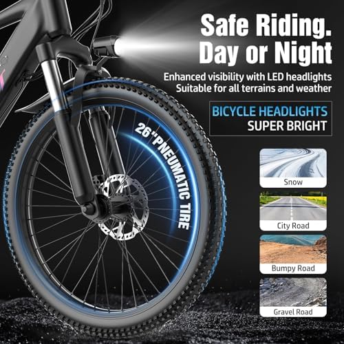 Electric Bike for Adults  1500W Peak Motor  Up to 25 MPH  65 Miles PAS Range  48V 10Ah Removable Battery  Advanced Front Suspension  7 Speeds  Compact Electric Mountain Bicycle  26 Commuting Ebike