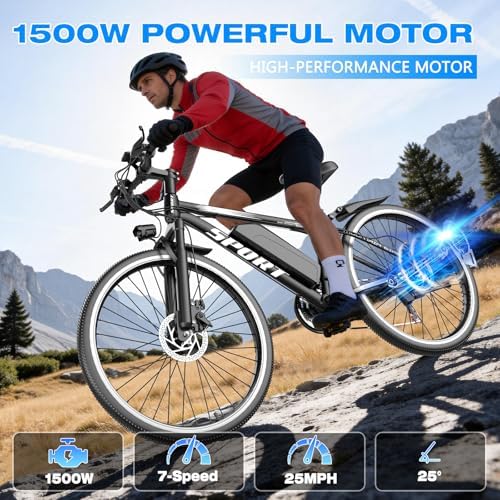 Electric Bike for Adults  1500W Peak Motor  Up to 25 MPH  65 Miles PAS Range  48V 10Ah Removable Battery  Advanced Front Suspension  7 Speeds  Compact Electric Mountain Bicycle  26 Commuting Ebike