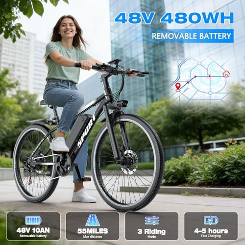 Electric Bike for Adults  1500W Peak Motor  Up to 25 MPH  65 Miles PAS Range  48V 10Ah Removable Battery  Advanced Front Suspension  7 Speeds  Compact Electric Mountain Bicycle  26 Commuting Ebike