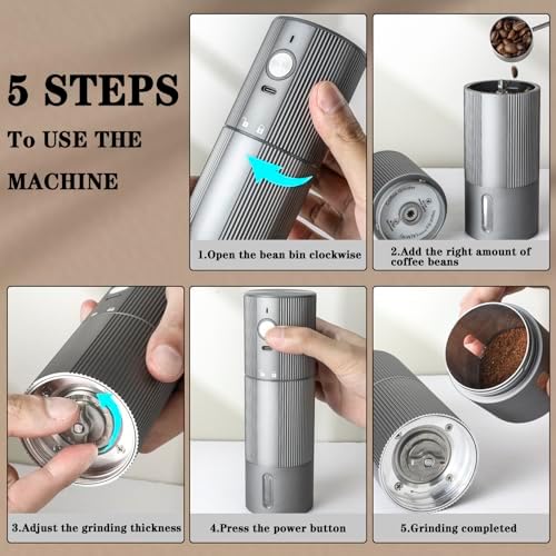 Electric Coffee Grinder Portable Conical Burr Coffee Grinder with 45 Adjustable Settings  Cordless Coffee Burr Grinder for Espresso  Home  Travel  Camping  Office  Silver 