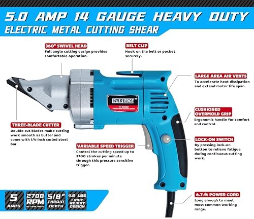 Electric Metal Shear  14 Gauge 5 0 Amp Variable Speed Swivel Head Heavy Duty Sheet Metal Cutter