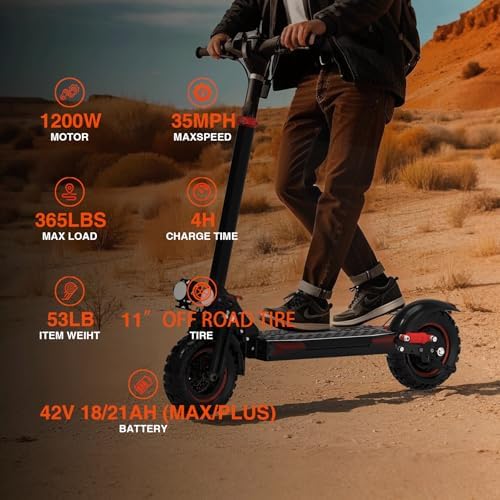 Electric Scooter Adults  34 MPH w/ 40 Mile Range  48V 18/21AH  1200W/1600W Peak Motor  11 Off Road Puncture Resistant Inflatable Tire  Folding E Scooter with Seat  Double Suspension & Braking Systems