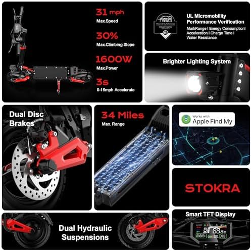 Electric Scooter Adults  1200 1600W Motor  Up to 31/34 MPH Top Speed & 37 Miles Long Range  48V 18/21AH Big Battery  11 Off Road Tire Folding E Scooter with Seat  Double Suspension & Braking Systems