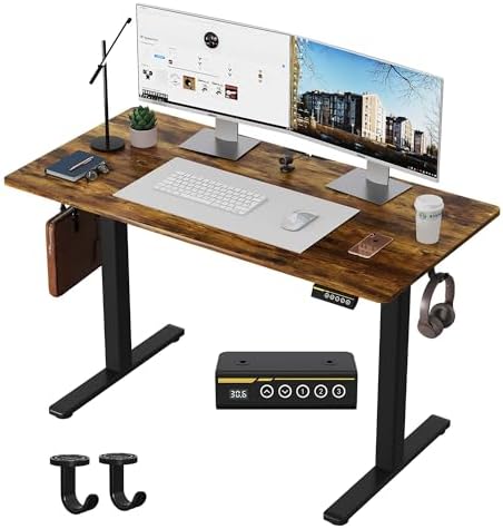 Electric Standing Desk 48x24 Inches Adjustable Height Stand up Desk  Sit Stand Home Office Desk with Splice Board  3 Preset Heights Equipped with Hooks Ergonomic Computer Workstation Brown
