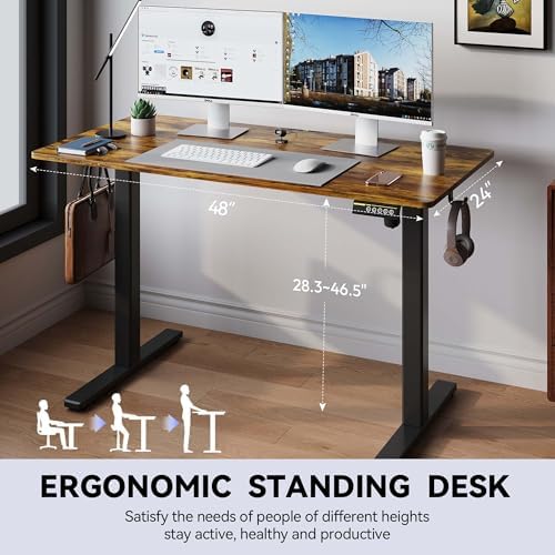 Electric Standing Desk 48x24 Inches Adjustable Height Stand up Desk  Sit Stand Home Office Desk with Splice Board  3 Preset Heights Equipped with Hooks Ergonomic Computer Workstation Brown