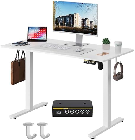 Electric Standing Desk 48x24 Inches Adjustable Height Stand up Desk  Sit Stand Home Office Desk with Splice Board  3 Preset Heights Equipped with Hooks Ergonomic Computer Workstation Brown
