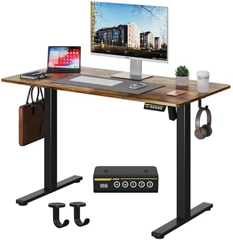 Electric Standing Desk 48x24 Inches Adjustable Height Stand up Desk  Sit Stand Home Office Desk with Splice Board  3 Preset Heights Equipped with Hooks Ergonomic Computer Workstation Brown