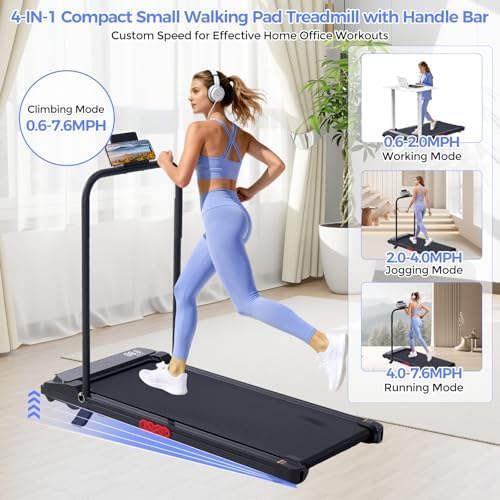 Electric Treadmills for Home with Incline  Walking Pad Treadmill with Handle Bar  0 6 7 6MPH Portable Small Treadmills with Handles for Home Small Spaces  3 0HP Walking Pad with Incline and 350LBS