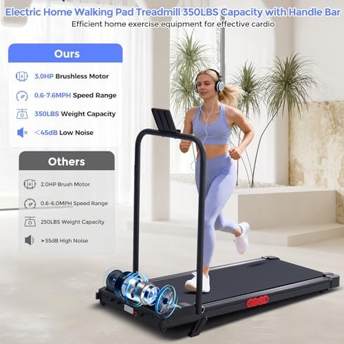 Electric Treadmills for Home with Incline  Walking Pad Treadmill with Handle Bar  0 6 7 6MPH Portable Small Treadmills with Handles for Home Small Spaces  3 0HP Walking Pad with Incline and 350LBS
