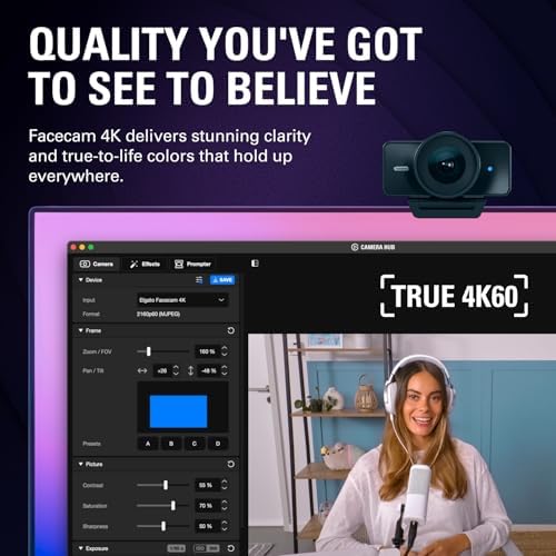 Elgato Facecam 4K   4K60 Studio Webcam  DSLR Like Control  Cinematic Effects  49mm Lens Filters  HDR  Uncompressed Video  Optimized Focus Area   USB C for PC & Mac