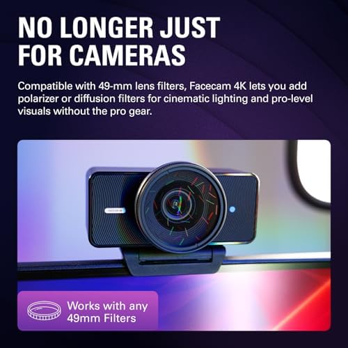 Elgato Facecam 4K   4K60 Studio Webcam  DSLR Like Control  Cinematic Effects  49mm Lens Filters  HDR  Uncompressed Video  Optimized Focus Area   USB C for PC & Mac
