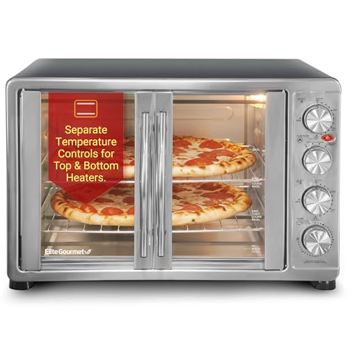Elite Gourmet ETO-4510M - Horno tostador de convección con doble puerta estilo francés, funciona para hornear, tostar de pan, mantiene pizzas calientes de 12 a 14 pulgadas en 2 estantes, para 18 rebanadas, 45 L, acero inoxidable y negro