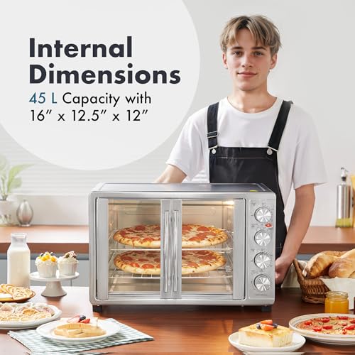 Elite Gourmet ETO-4510M - Horno tostador de convección con doble puerta estilo francés, funciona para hornear, tostar de pan, mantiene pizzas calientes de 12 a 14 pulgadas en 2 estantes, para 18 rebanadas, 45 L, acero inoxidable y negro