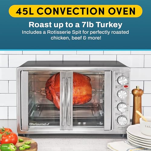 Elite Gourmet ETO-4510M - Horno tostador de convección con doble puerta estilo francés, funciona para hornear, tostar de pan, mantiene pizzas calientes de 12 a 14 pulgadas en 2 estantes, para 18 rebanadas, 45 L, acero inoxidable y negro