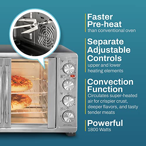 Elite Gourmet ETO-4510M - Horno tostador de convección con doble puerta estilo francés, funciona para hornear, tostar de pan, mantiene pizzas calientes de 12 a 14 pulgadas en 2 estantes, para 18 rebanadas, 45 L, acero inoxidable y negro