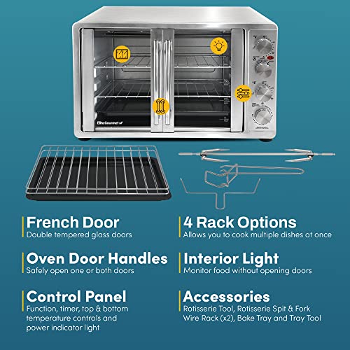 Elite Gourmet ETO-4510M - Horno tostador de convección con doble puerta estilo francés, funciona para hornear, tostar de pan, mantiene pizzas calientes de 12 a 14 pulgadas en 2 estantes, para 18 rebanadas, 45 L, acero inoxidable y negro