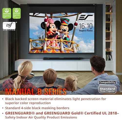 Elite Screens Manual B, 100 pulgadas 16:10, pantalla de proyector manual desplegable 4K / 8K Ultra HDR 3D Ready Mecanismo de bloqueo automático, 2 años de garantía, M100X