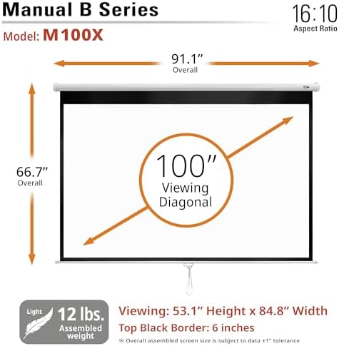 Elite Screens Manual B, 100 pulgadas 16:10, pantalla de proyector manual desplegable 4K / 8K Ultra HDR 3D Ready Mecanismo de bloqueo automático, 2 años de garantía, M100X