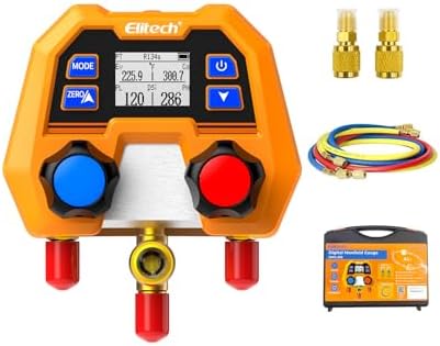 Elitech Digital Manifold Gauge Set for HVAC  Refrigeration & AC Systems  Supports R410A/R454B/R134 etc  Refrigerants  LCD Display  DMG 2SE with 3 Color Hoses & 2 R410A Adapters