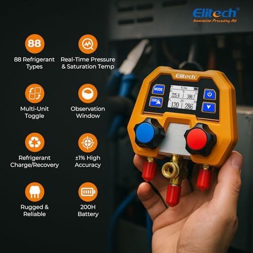 Elitech Digital Manifold Gauge Set for HVAC  Refrigeration & AC Systems  Supports R410A/R454B/R134 etc  Refrigerants  LCD Display  DMG 2SE with 3 Color Hoses & 2 R410A Adapters