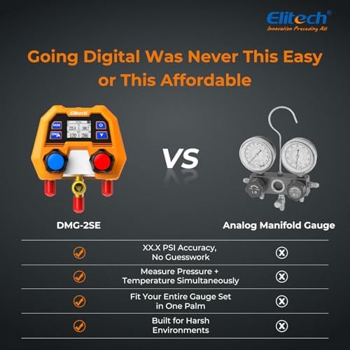 Elitech Digital Manifold Gauge Set for HVAC  Refrigeration & AC Systems  Supports R410A/R454B/R134 etc  Refrigerants  LCD Display  DMG 2SE with 3 Color Hoses & 2 R410A Adapters