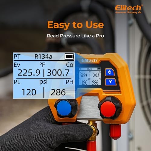 Elitech Digital Manifold Gauge Set for HVAC  Refrigeration & AC Systems  Supports R410A/R454B/R134 etc  Refrigerants  LCD Display  DMG 2SE with 3 Color Hoses & 2 R410A Adapters