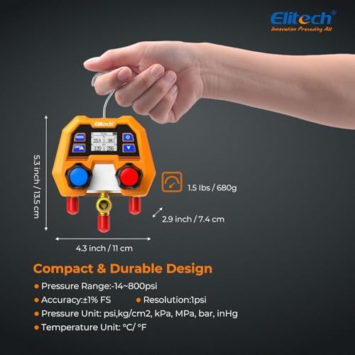 Elitech Digital Manifold Gauge Set for HVAC  Refrigeration & AC Systems  Supports R410A/R454B/R134 etc  Refrigerants  LCD Display  DMG 2SE with 3 Color Hoses & 2 R410A Adapters