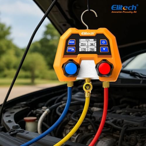 Elitech Digital Manifold Gauge Set for HVAC  Refrigeration & AC Systems  Supports R410A/R454B/R134 etc  Refrigerants  LCD Display  DMG 2SE with 3 Color Hoses & 2 R410A Adapters