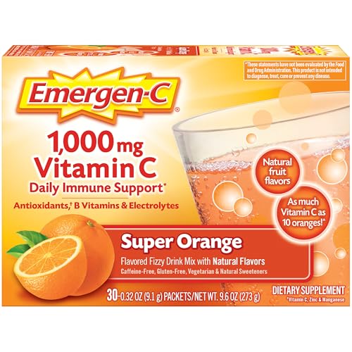 Emergen C 1000mg Vitamin C Powder for Daily Immune Support Caffeine Free Vitamin C Supplements with Zinc and Manganese  B Vitamins and Electrolytes  Super Orange Flavor   30 Count