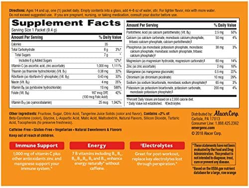 Emergen C 1000mg Vitamin C Immune Support Powder Tangerine 30CT includes Zinc  Manganese  7 B Vitamins and Electrolytes for Back to School Essentials