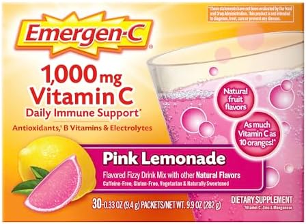 Emergen C 1000mg Vitamin C Powder for Daily Immune Support Caffeine Free Vitamin C Supplements with Zinc and Manganese  B Vitamins and Electrolytes  Super Orange Flavor   30 Count