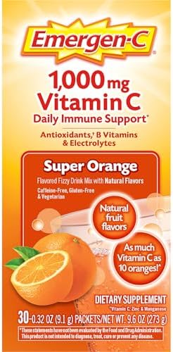Emergen C 1000mg Vitamin C Powder for Daily Immune Support Caffeine Free Vitamin C Supplements with Zinc and Manganese  B Vitamins and Electrolytes  Super Orange Flavor   30 Count