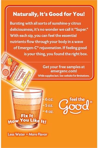 Emergen C 1000mg Vitamin C Powder for Daily Immune Support Caffeine Free Vitamin C Supplements with Zinc and Manganese  B Vitamins and Electrolytes  Super Orange Flavor   30 Count