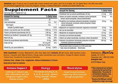 Emergen C 1000mg Vitamin C Powder for Daily Immune Support Caffeine Free Vitamin C Supplements with Zinc and Manganese  B Vitamins and Electrolytes  Super Orange Flavor   30 Count