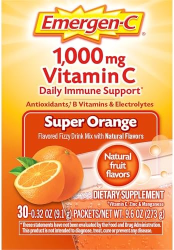 Emergen C 1000mg Vitamin C Powder for Daily Immune Support Caffeine Free Vitamin C Supplements with Zinc and Manganese  B Vitamins and Electrolytes  Super Orange Flavor   30 Count