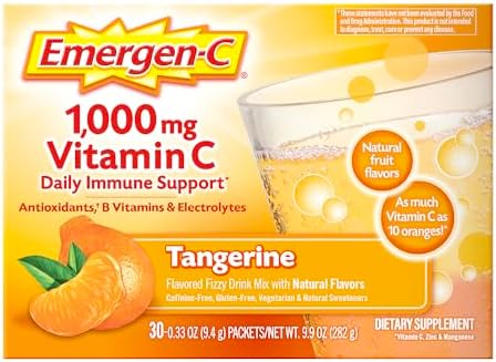 Emergen C 1000mg Vitamin C Powder for Daily Immune Support Caffeine Free Vitamin C Supplements with Zinc and Manganese  B Vitamins and Electrolytes  Super Orange Flavor   30 Count
