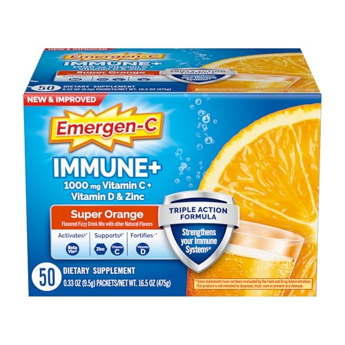 Emergen-C Immune+ Polvo de apoyo inmunológico de triple acción, BetaVia (R), 1000 mg de vitamina C, vitaminas B, vitamina D y antioxidantes, súper naranja, 50 unidades