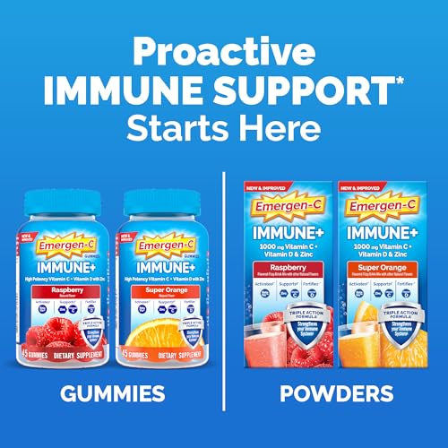 Emergen-C Immune+ Polvo de apoyo inmunológico de triple acción, BetaVia (R), 1000 mg de vitamina C, vitaminas B, vitamina D y antioxidantes, súper naranja, 50 unidades